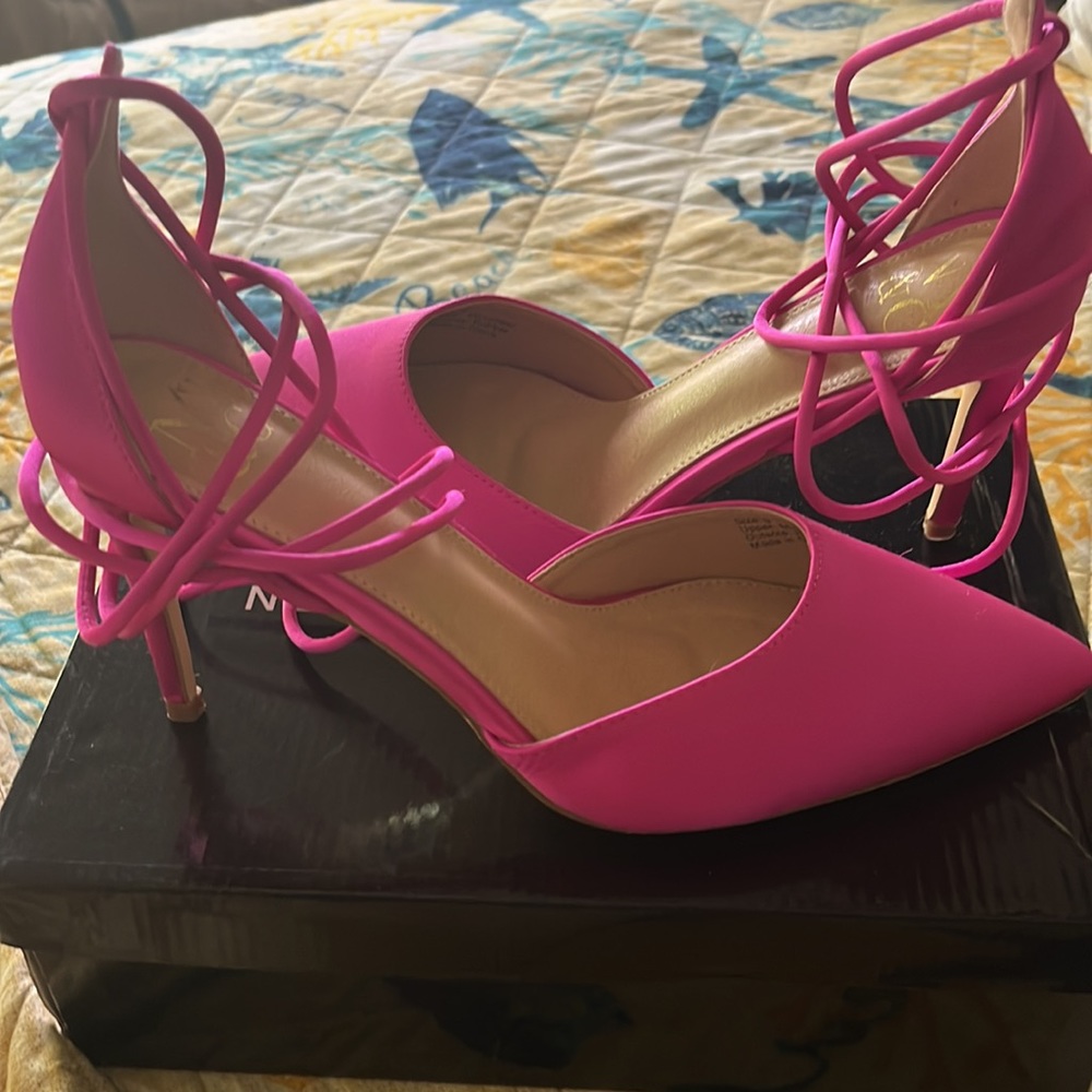 pink satin 4” closed pointy toe heels, ankle lace